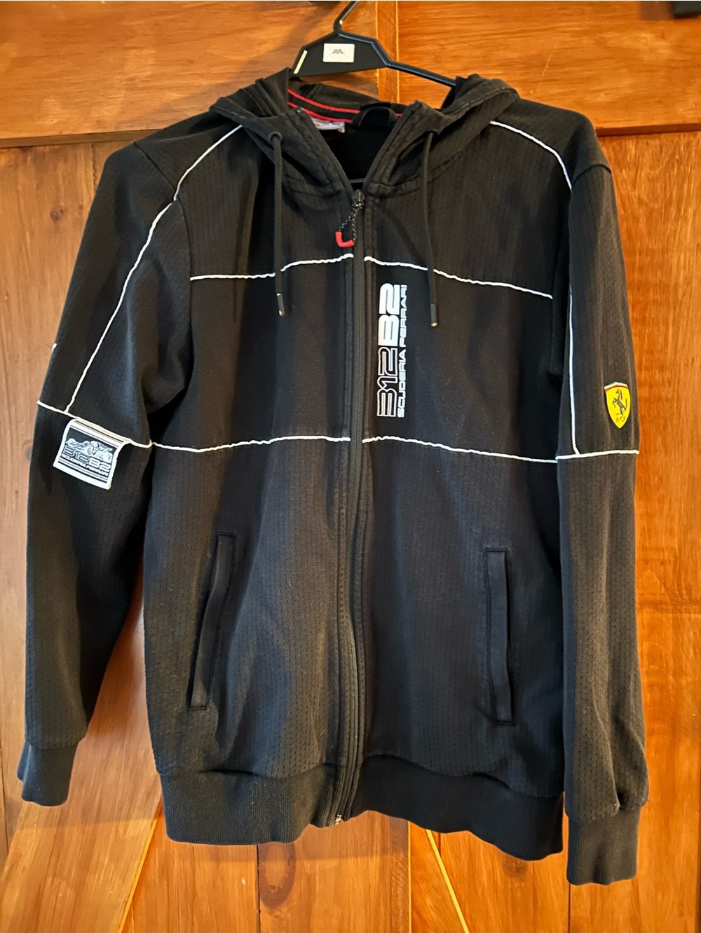 Puma , f1 racing , Ferrari, Black Hooded Zip-Up Jacket with White Piping